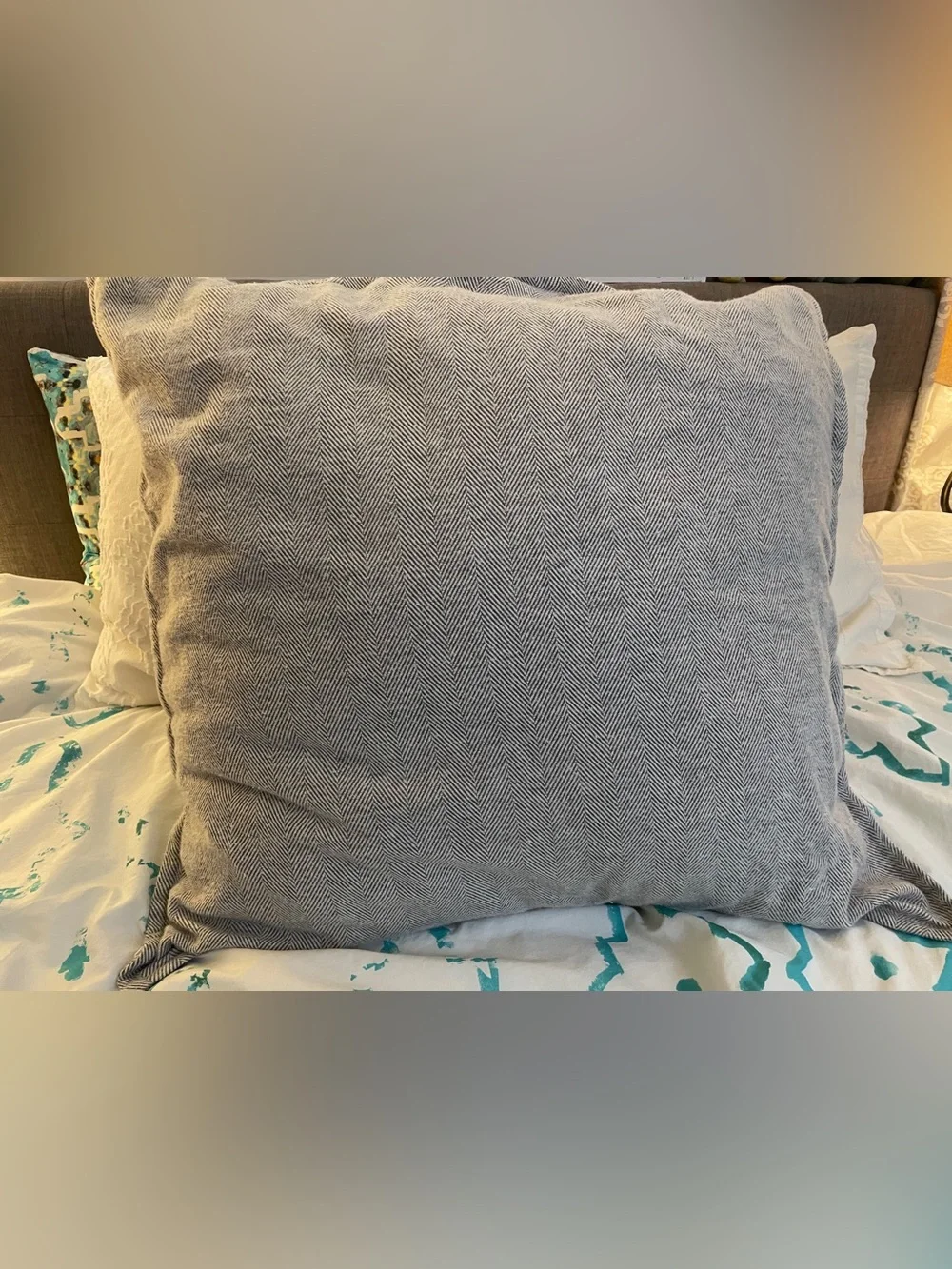 West Elm Flannel Gray Herringbone Accent Euro Pillow Cover Sz 36” x 36”